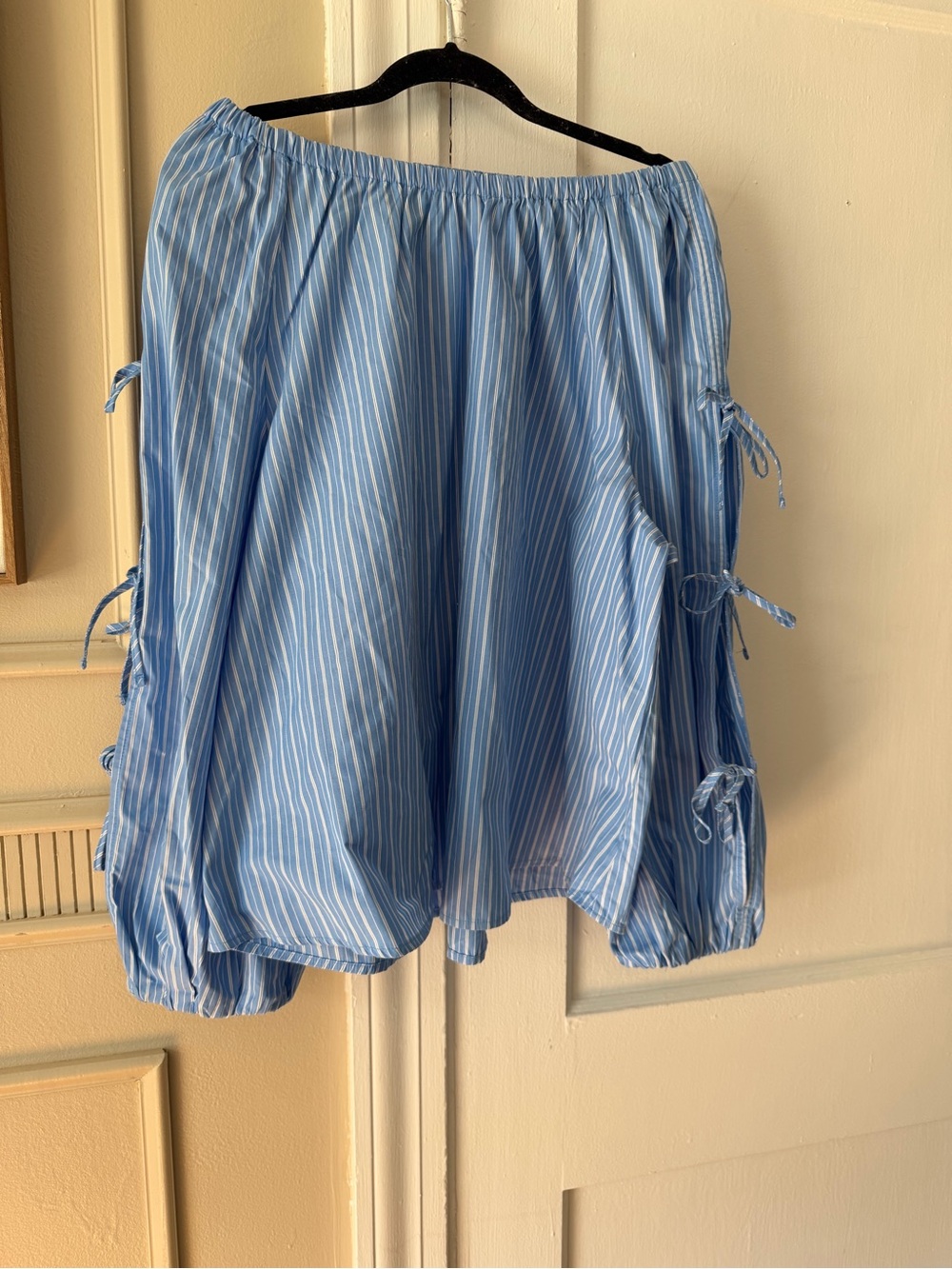 Striped Light Blue Off-Shoulder Circle Top with Side Tie Details